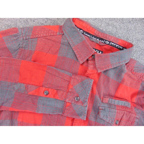 KAVU Shirt‎ Mens Small Red Gray Plaid Flannel Long Sleeve Button Up Outdoor - Picture 1 of 9